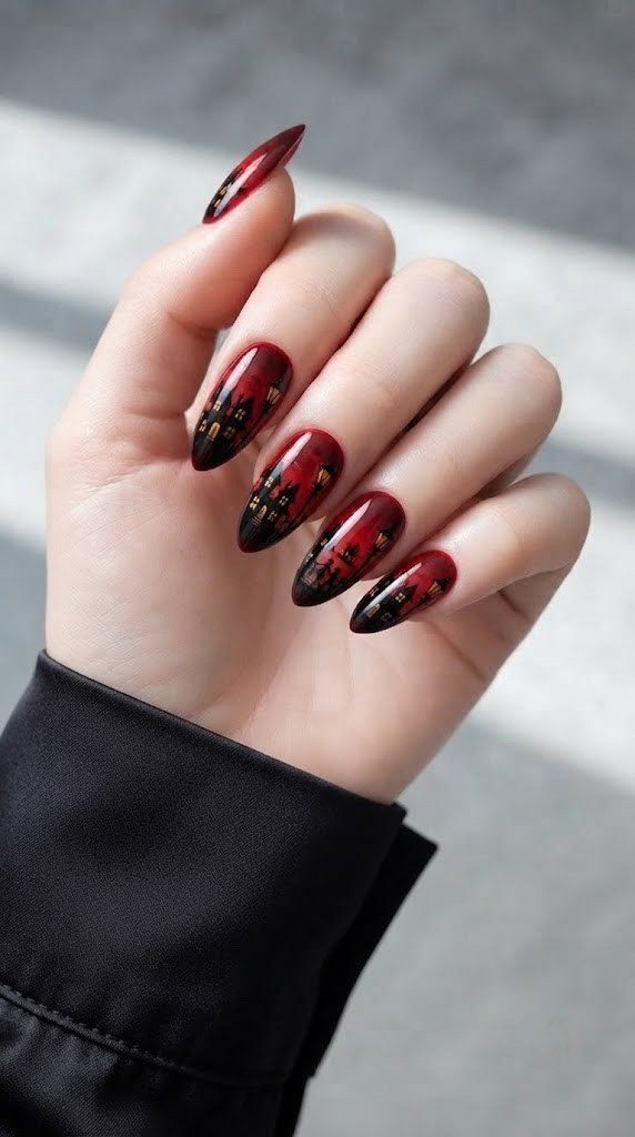 Stiletto red nails with a glowing haunted neighborhood trick-or-treat scene