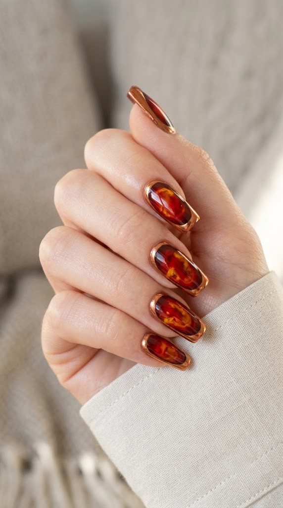 Cinnamon and amber nails styled like fire agate, bold fall nail colors