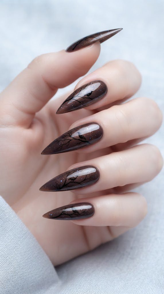 fall stiletto nails in espresso chrome with minimalist crow silhouette