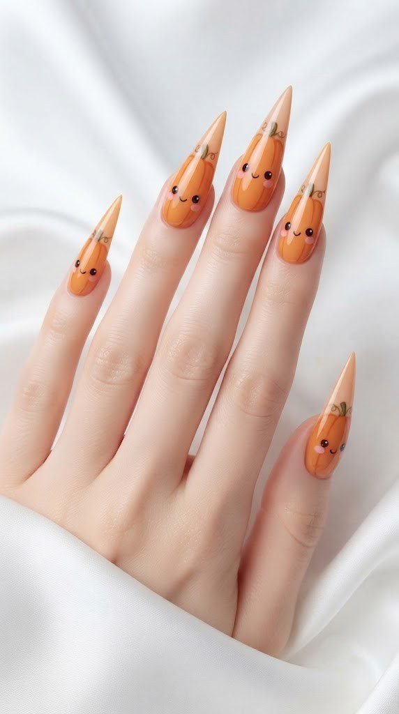 Orange color-block pumpkin nail design with a rosy kawaii pumpkin face