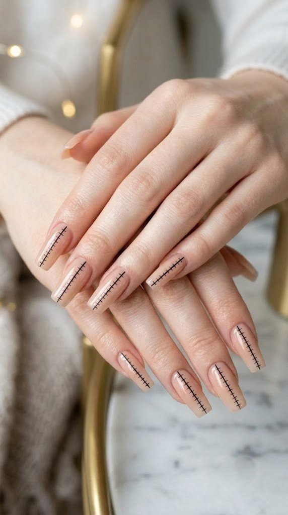 Minimalist short square Halloween nails with a fine black suture stitch