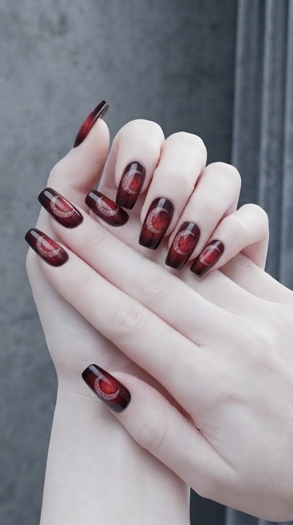 coffin gothic Halloween nails with a watercolor crescent moon bleed
