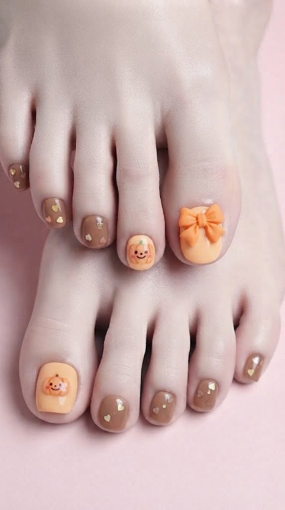 creamy orange toe nails with kawaii pumpkin face and gold bow charm