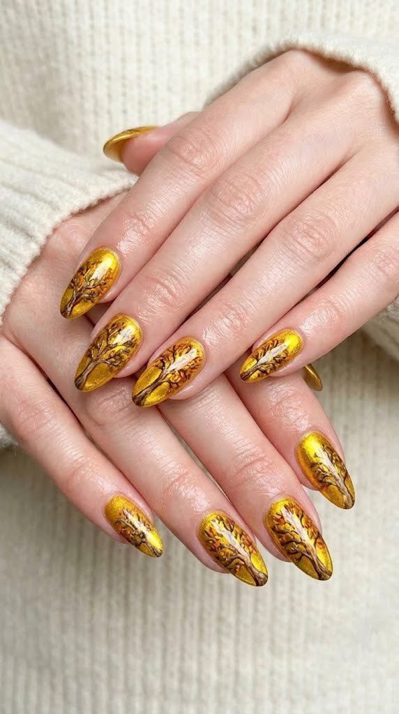 Honey topaz nails with sculpted tree texture, bright autumn nail colors