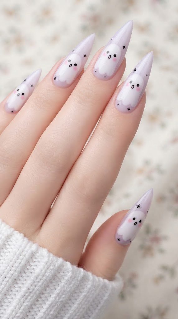 Lavender stiletto cute Halloween nails with a kawaii ghost saying boo
