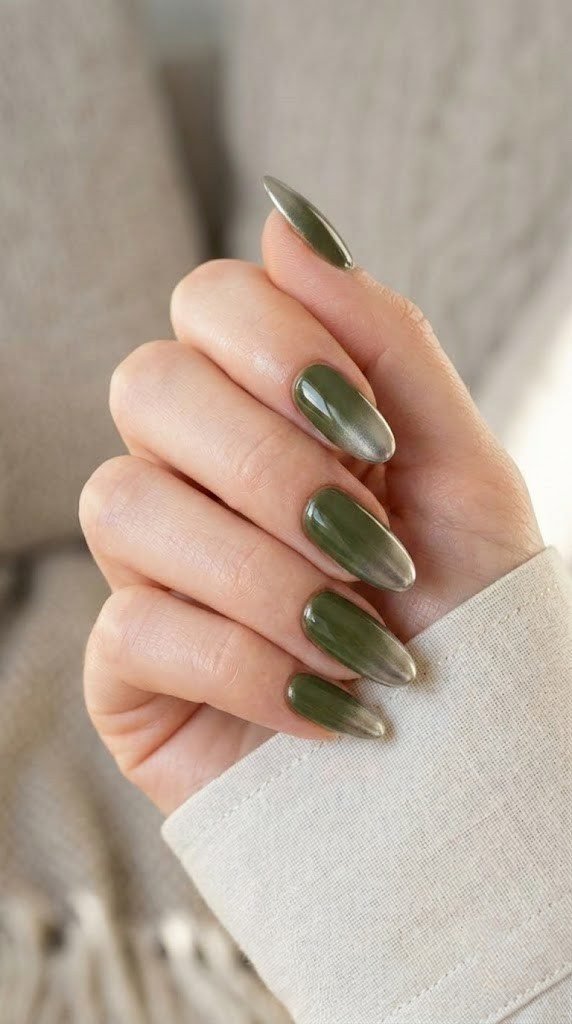 Olive moss october nails with a soft platinum chrome gradient at the tips