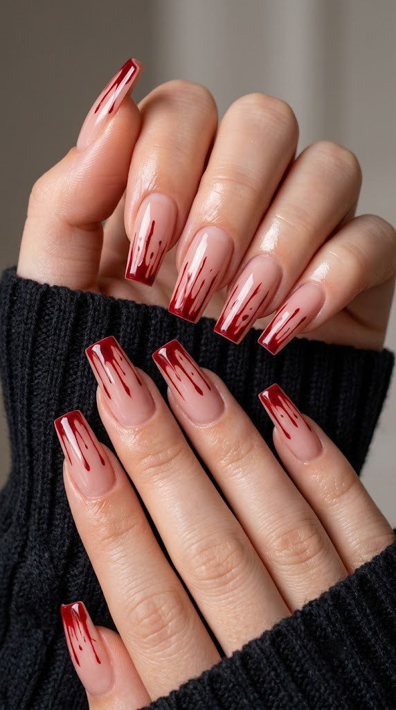 Halloween nail art with crimson blood streak on sheer nude pink base