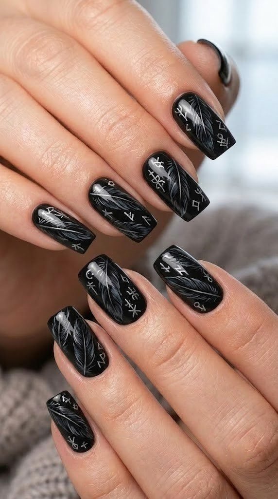 Brown almond autumn nail designs with glowing neon orange mushrooms