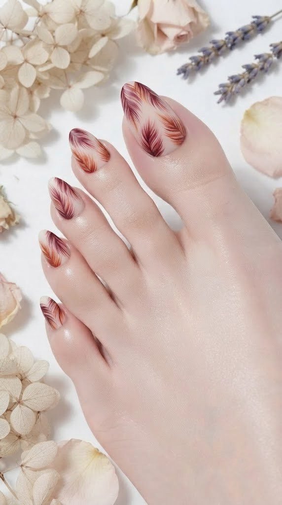 Feathered plume toe nail art layering burgundy and burnt orange strokes