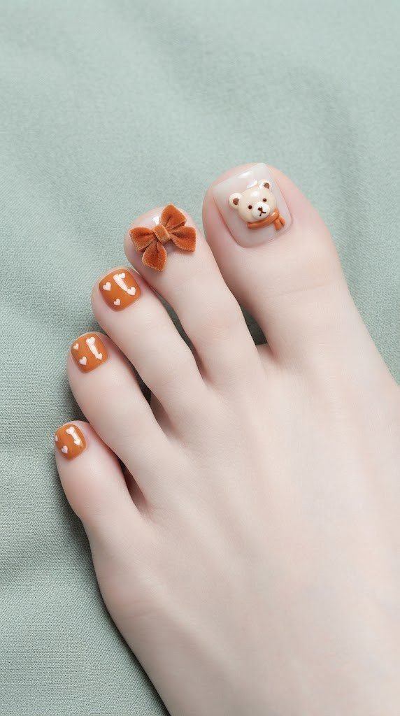 toffee brown toe nails teddy bear face and burnt orange velvet bow