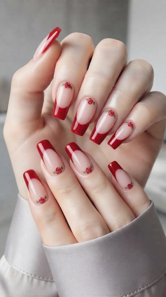 Red French tip nails with delicate hand-painted rose buds at the cuticle