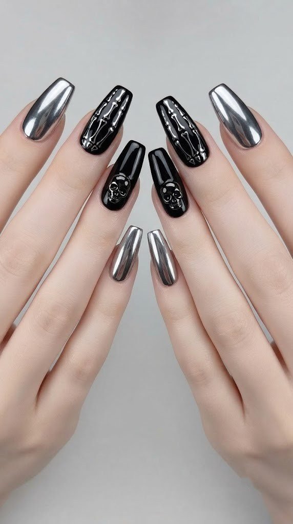 Chrome skeleton bone black Halloween nails with a subtle skull accent