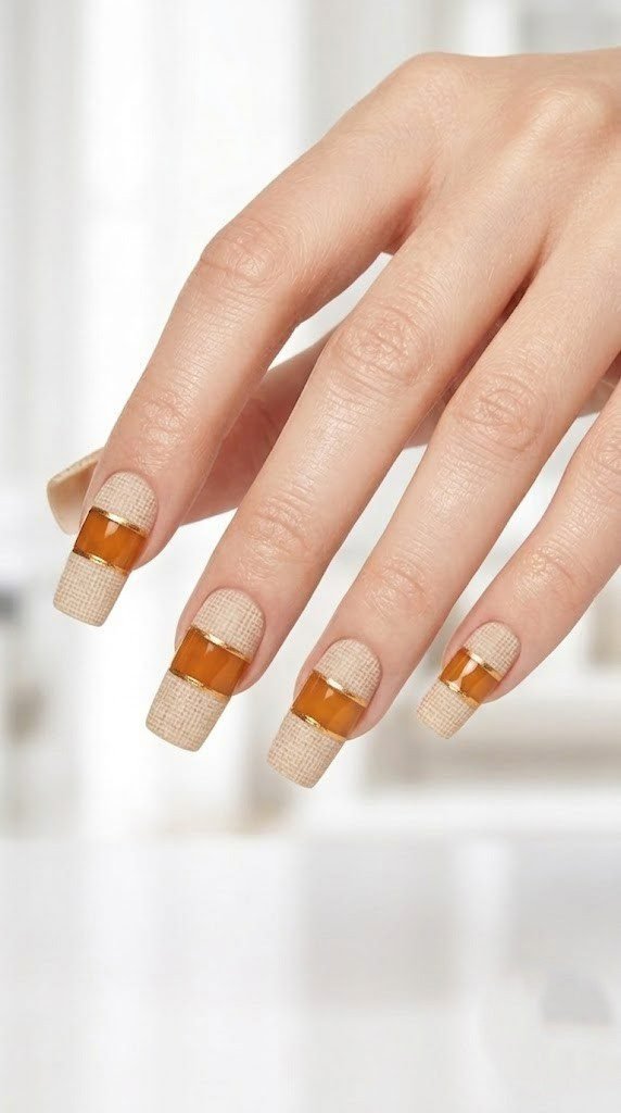 Woven linen texture meets a glossy amber band edged in gold foil, striking minimalist nail art.