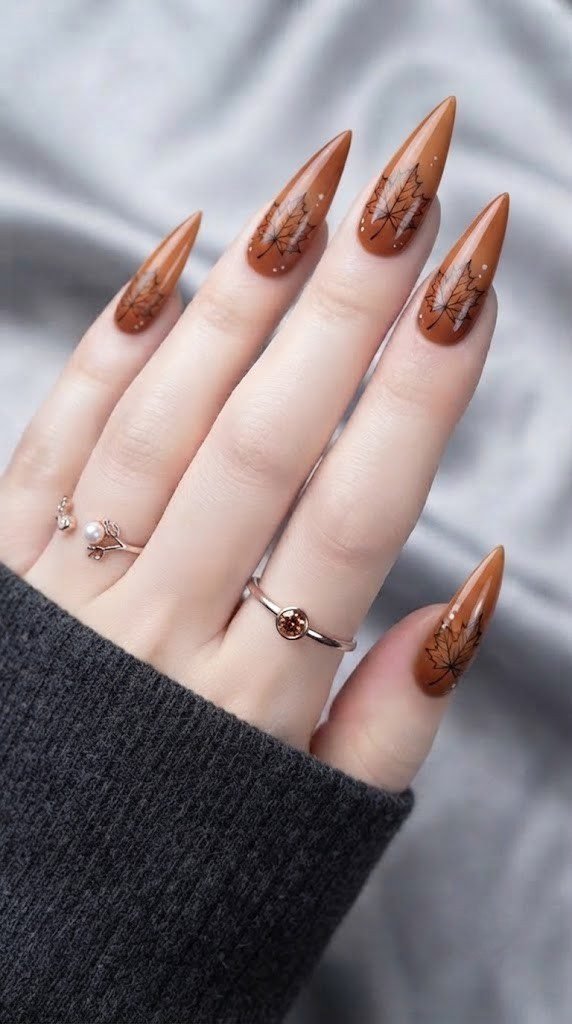 autumn nail designs with burnt orange ombre and maple leaf outline