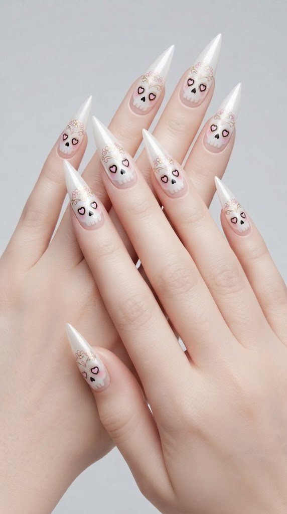 Pearl white stiletto nail design shaped like a pink and gold sugar skull