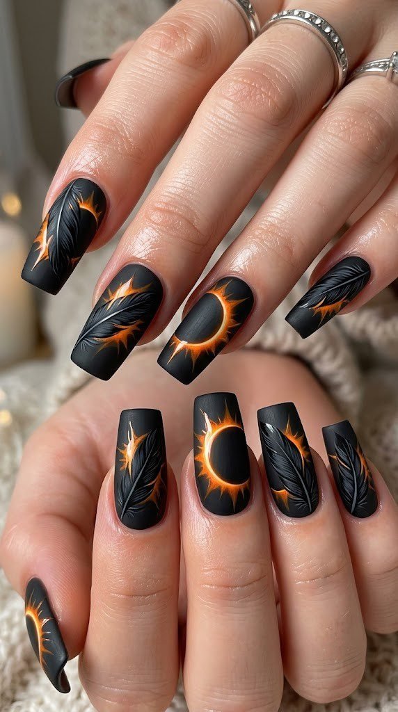 Dramatic square Halloween nails with raven feathers and eclipse detail