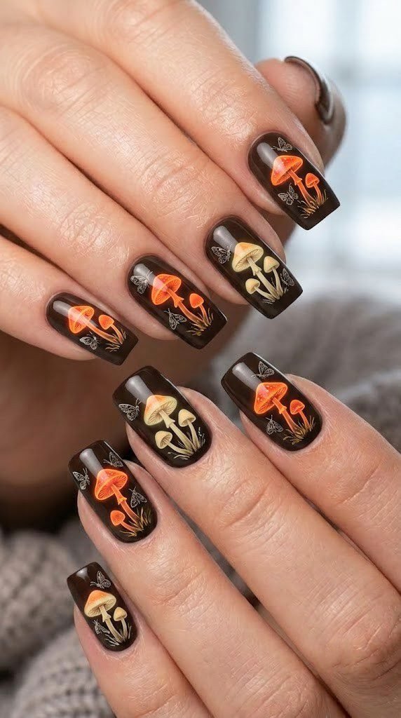 Brown almond autumn nail designs with glowing neon orange mushrooms