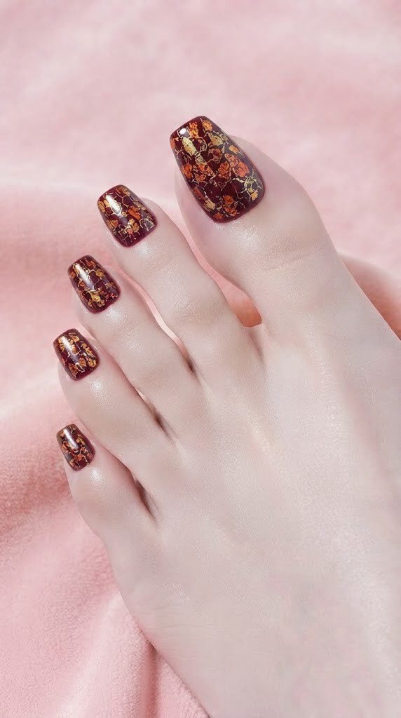 Cracked foil mosaic toe nail design in wine burgundy and gold