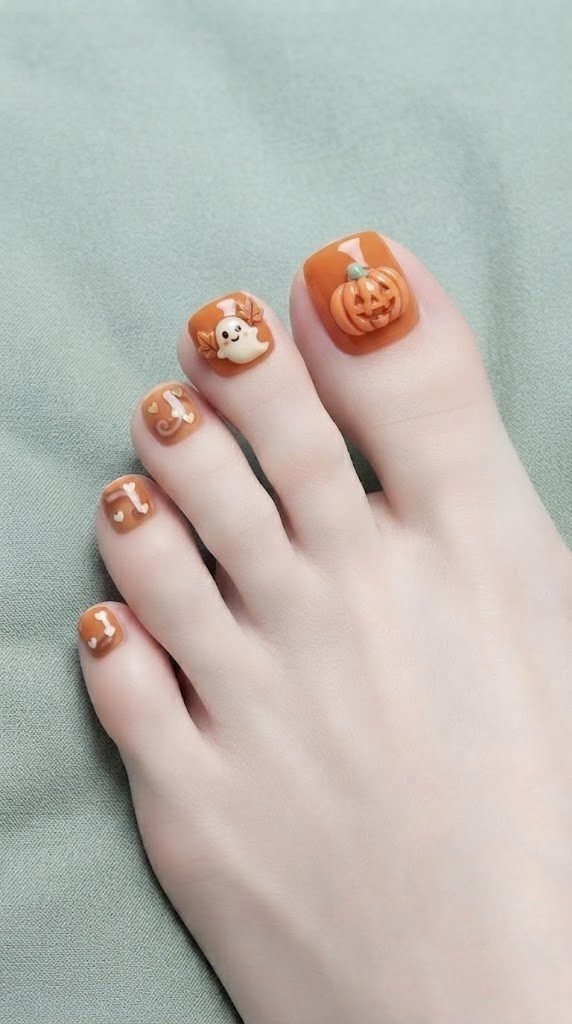 glossy pumpkin orange October toenails ghost and pumpkin charm design