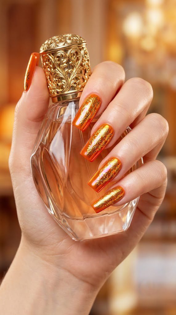Pumpkin chrome nails with gold baroque filigree, vivid autumn nail colors