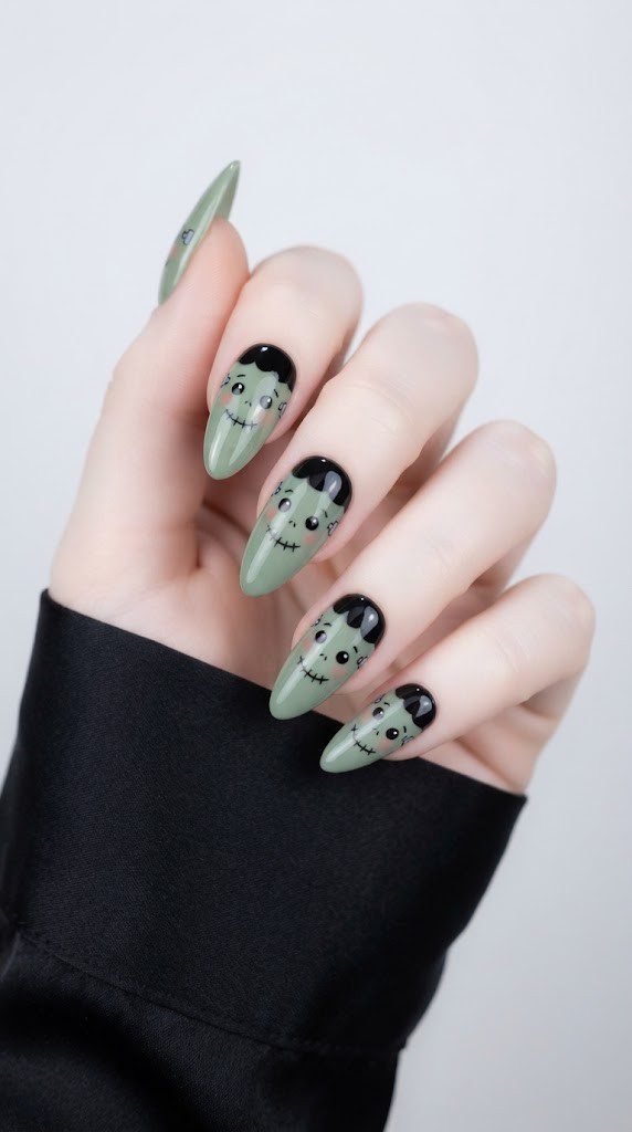 Sage green stiletto nail design shaped into a stitched monster face
