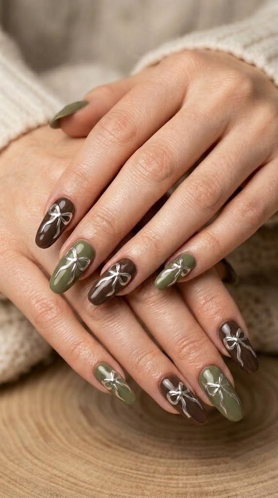 Espresso and olive October nails with a coquette bow in platinum chrome
