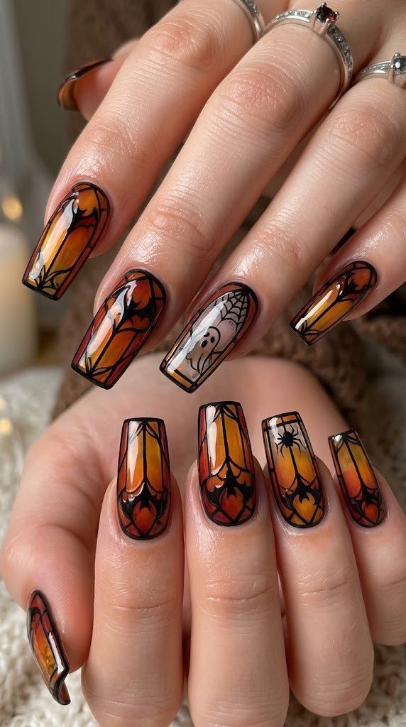 Editorial Halloween square nail designs mimicking stained glass windows