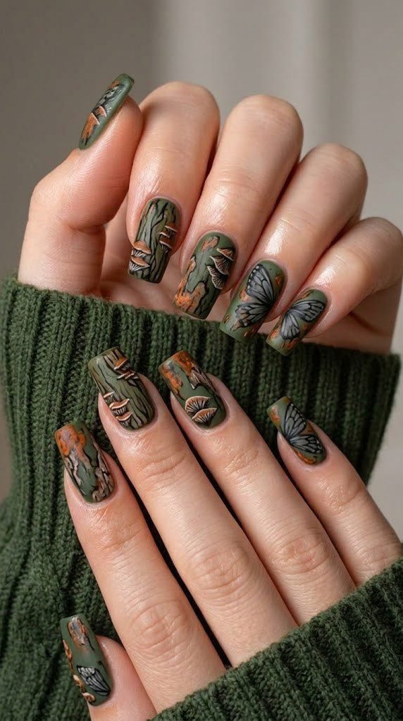 Moss green fall coffin nails with decaying bark and fungal detail