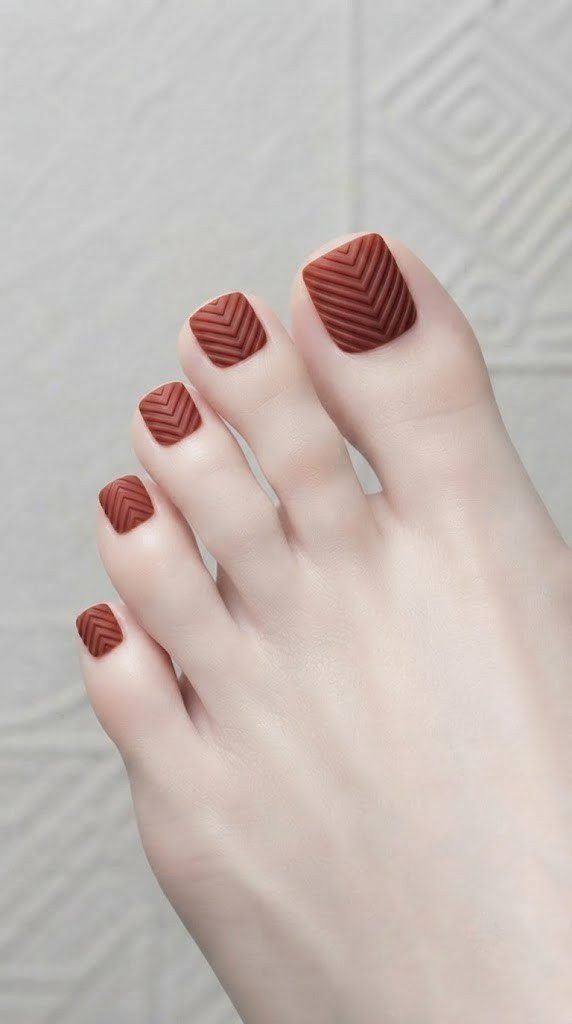 3D ribbed chevron toe nail art in burnt orange satin gel