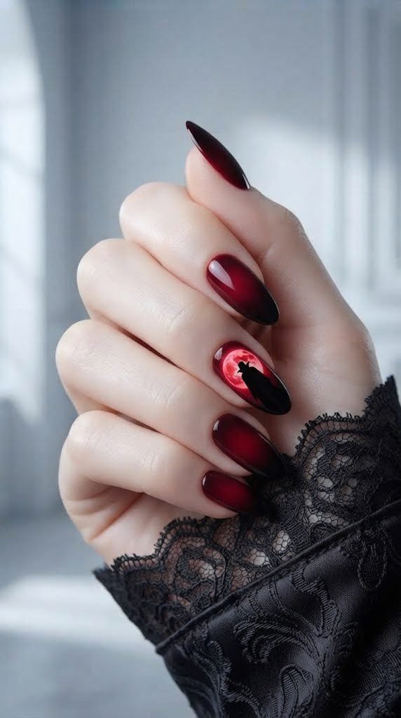 dark purple Halloween nails featuring a cloaked vampire silhouette