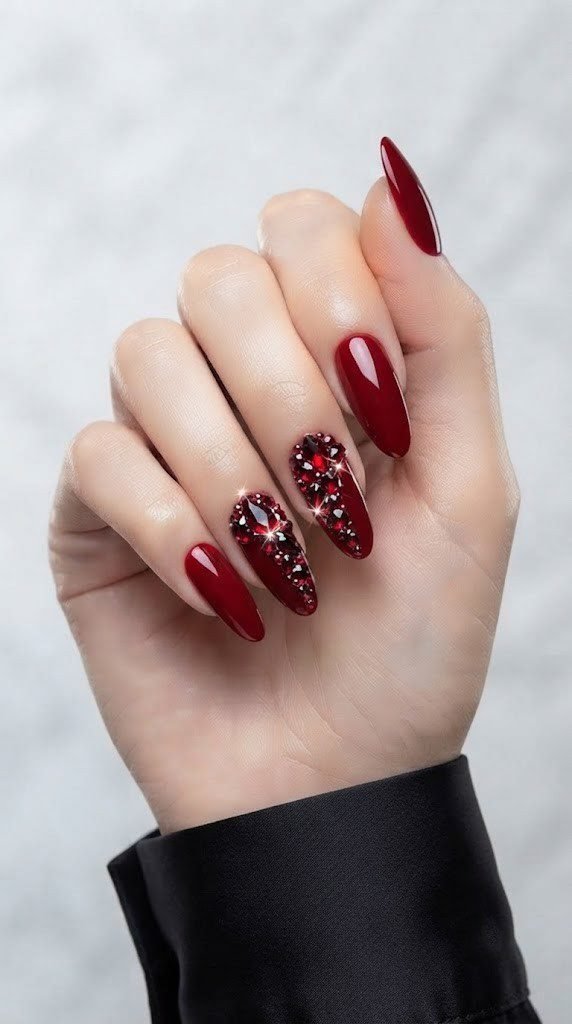 Deep red nails with faceted ruby gem clusters cascading down the accent nail