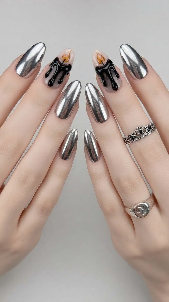Gothic candle wax drip black Halloween nails with tiny amber flame details