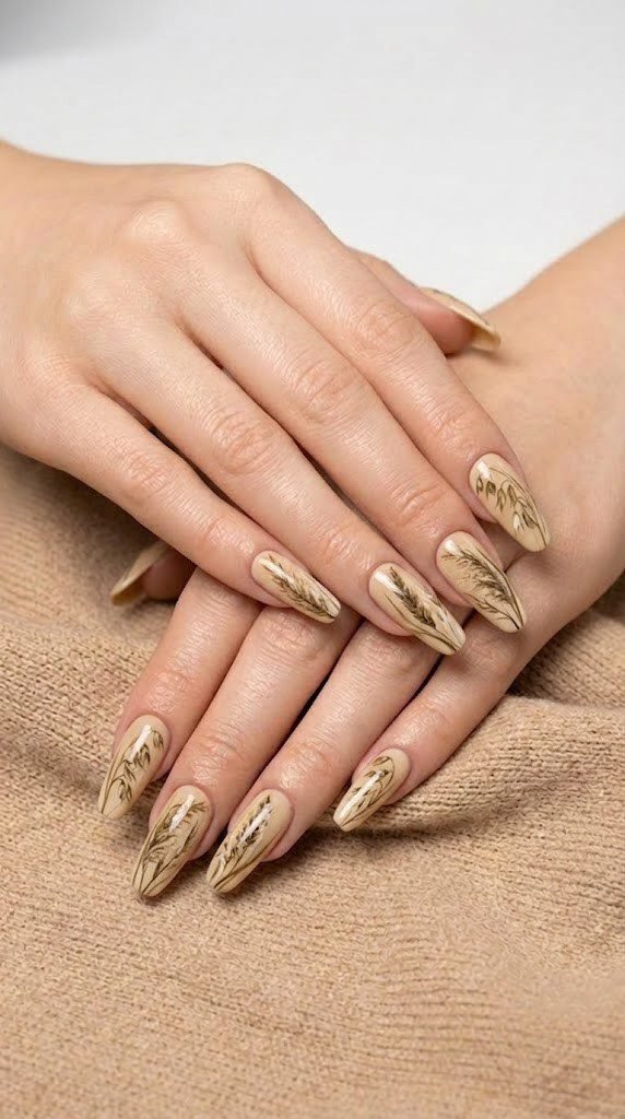 Sepia pampas grass and oat stalks rest on a cream-biscuit base, a refined September nail ideas look.