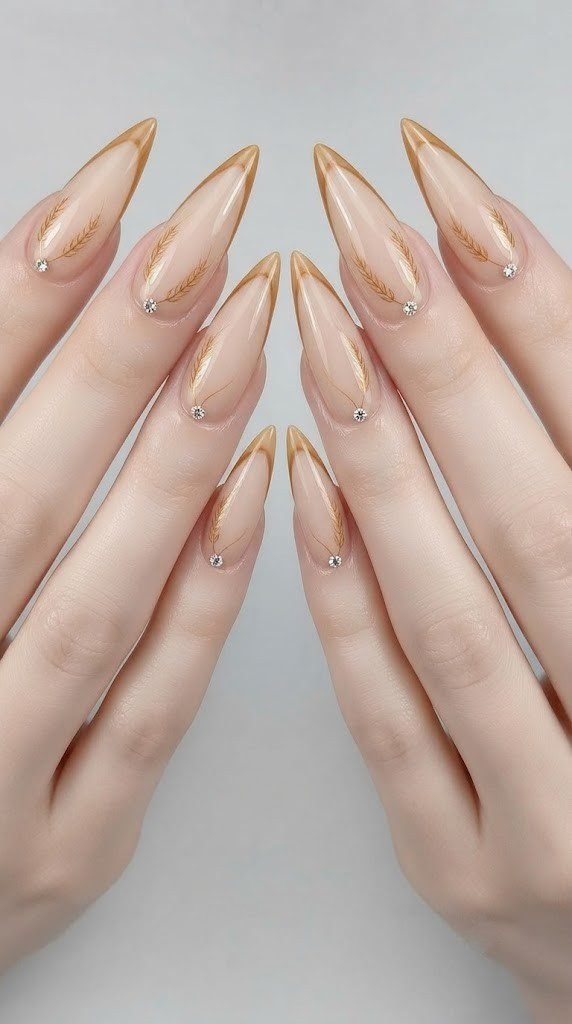 classy autumn nails in champagne with gold wheat stalk detail