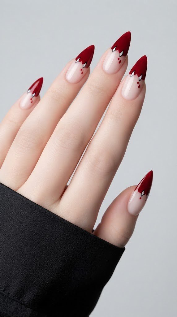 Blood red heart tip stiletto nails with tiny playful vampire fangs