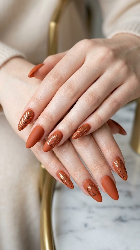 Matte terracotta almond nails with a luxury pumpkin outlined in copper chrome