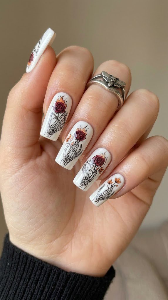 Gothic Halloween square nails featuring skeleton hand and crimson rose