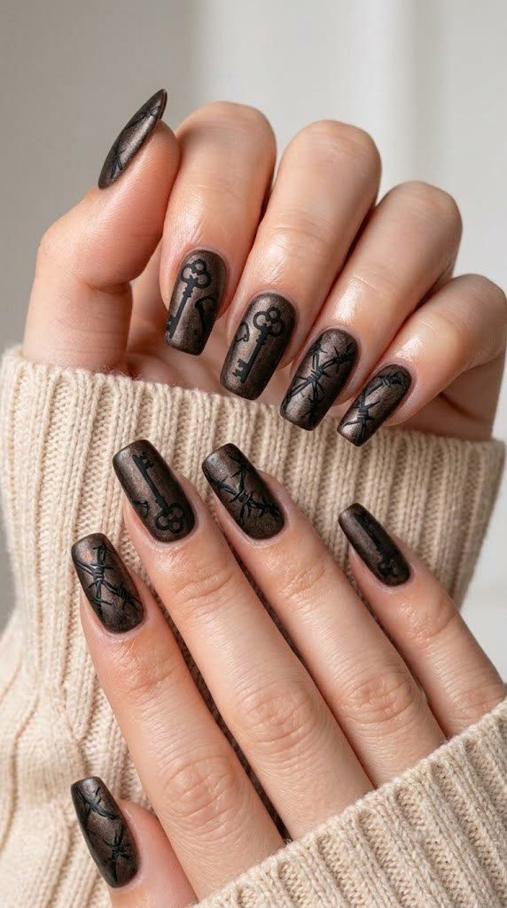 Espresso almond classy fall nails with skeleton key filigree art