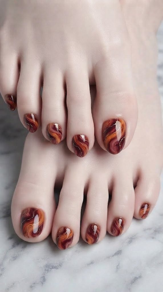 Liquid marble toe nail design swirling burgundy into burnt orange