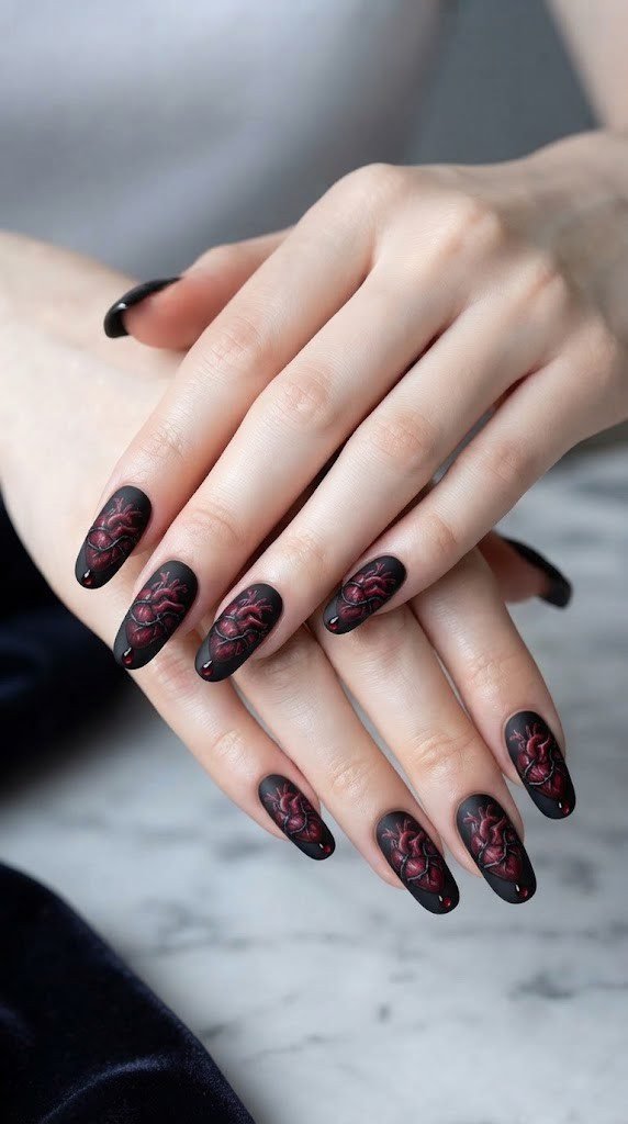 vampire nails aesthetic with an anatomical heart wrapped in thorns