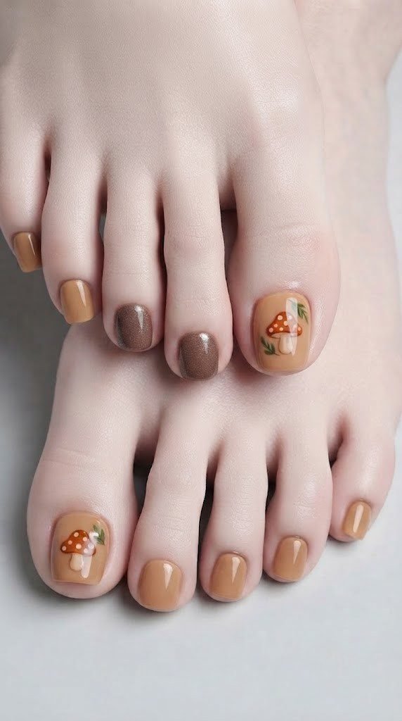 warm caramel beige toe nails whimsical mushroom polka dot design