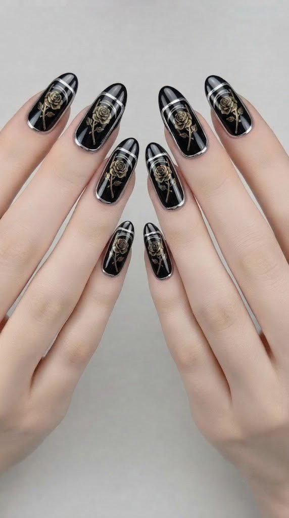 Tarot card inspired black nails with a gold rose and scythe motif