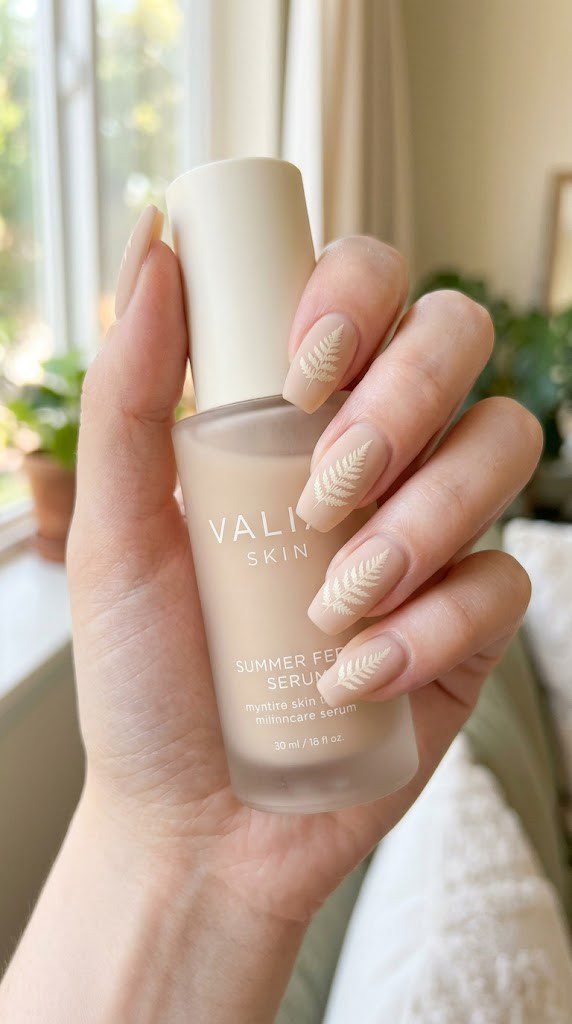 A dried fern silhouette rests quietly on naked beige nails, elegant minimalist nails at their best.