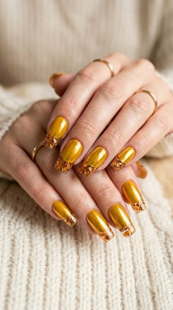 Mustard chrome nails with amber crystal flakes, unexpected September nail colors
