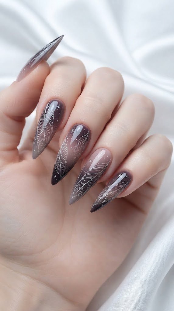 long stiletto nails in plum charcoal with feather color block design