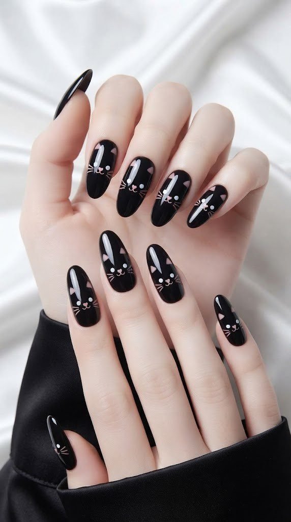 Jet black oval nail design shaped into a cat face with pink whiskers
