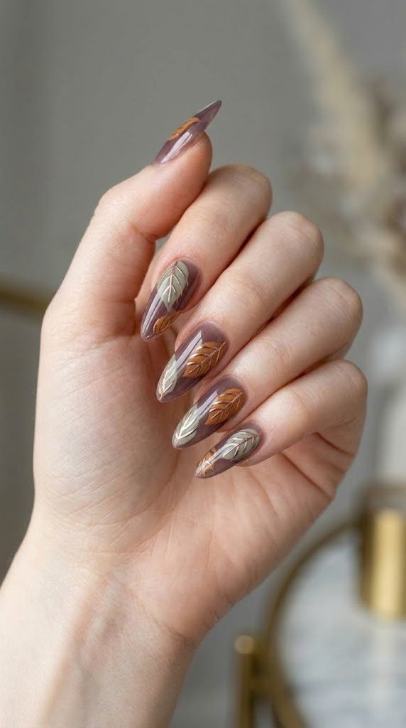 Smoky plum chrome nail design with sage leaves lined in rose gold chrome