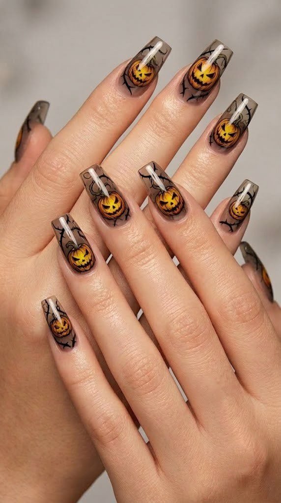 Reimagined Halloween nail art with decayed pumpkin vines on smoky quartz