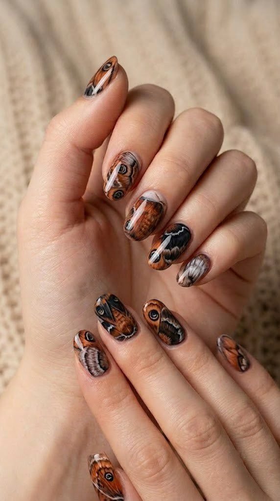 Burnt orange fall coffin nails with a detailed moth wing portrait