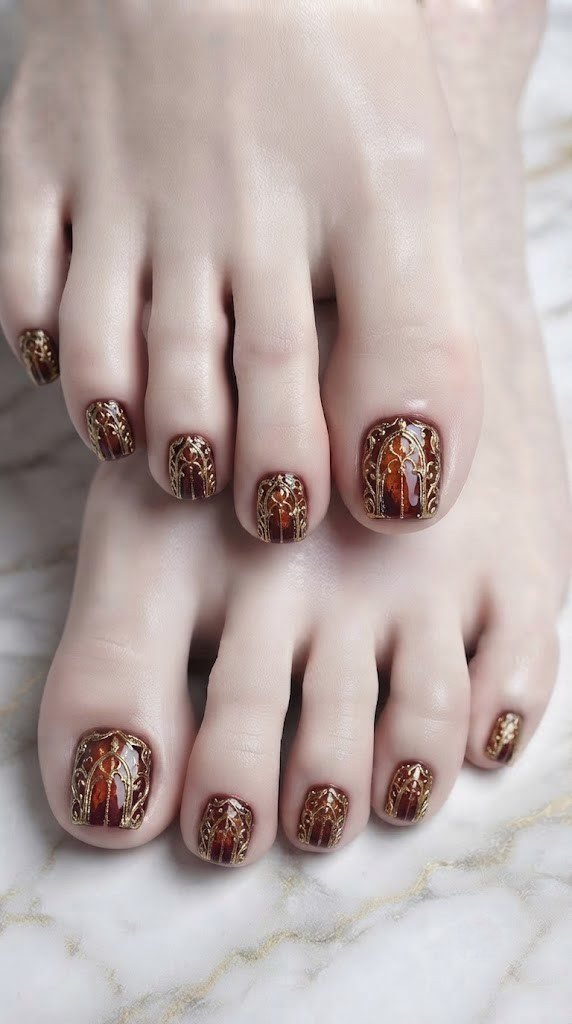 Cathedral filigree toe nail art in burgundy under an orange gel dome